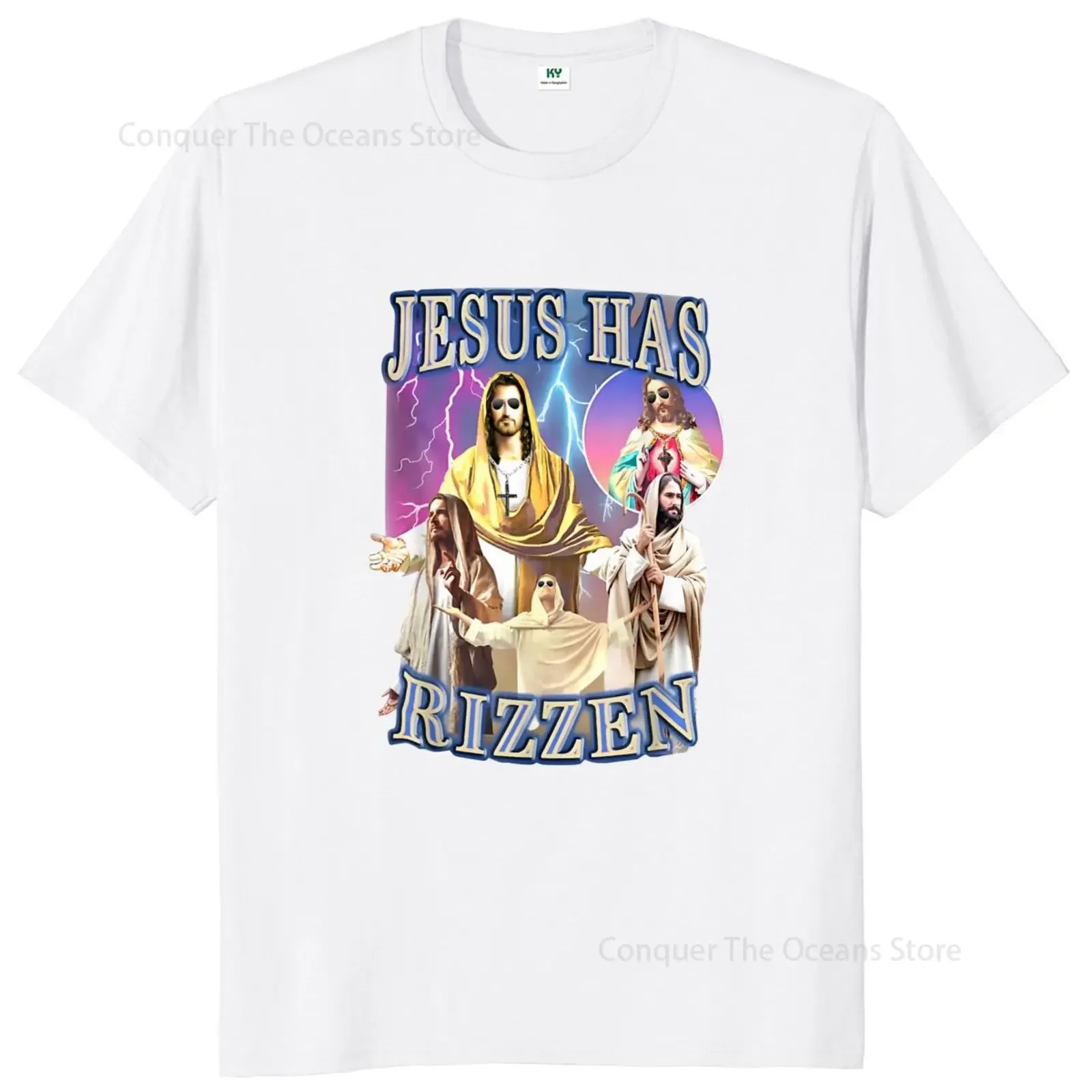 Jesus Has Rizzen Printed Men\'s T-shirt Retro Christian Religious Harajuku Streetwear Cotton O-neck Oversize Vintage Streetwear ﻿