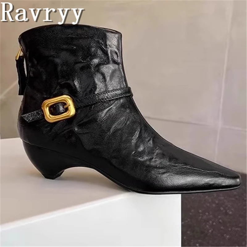 أسود براون ساحة تو كعب منحدر حذاء من الجلد النساء الخريف والشتاء جديد جلد طبيعي عودة زيبر حزام مشبك حذاء الموضة #1