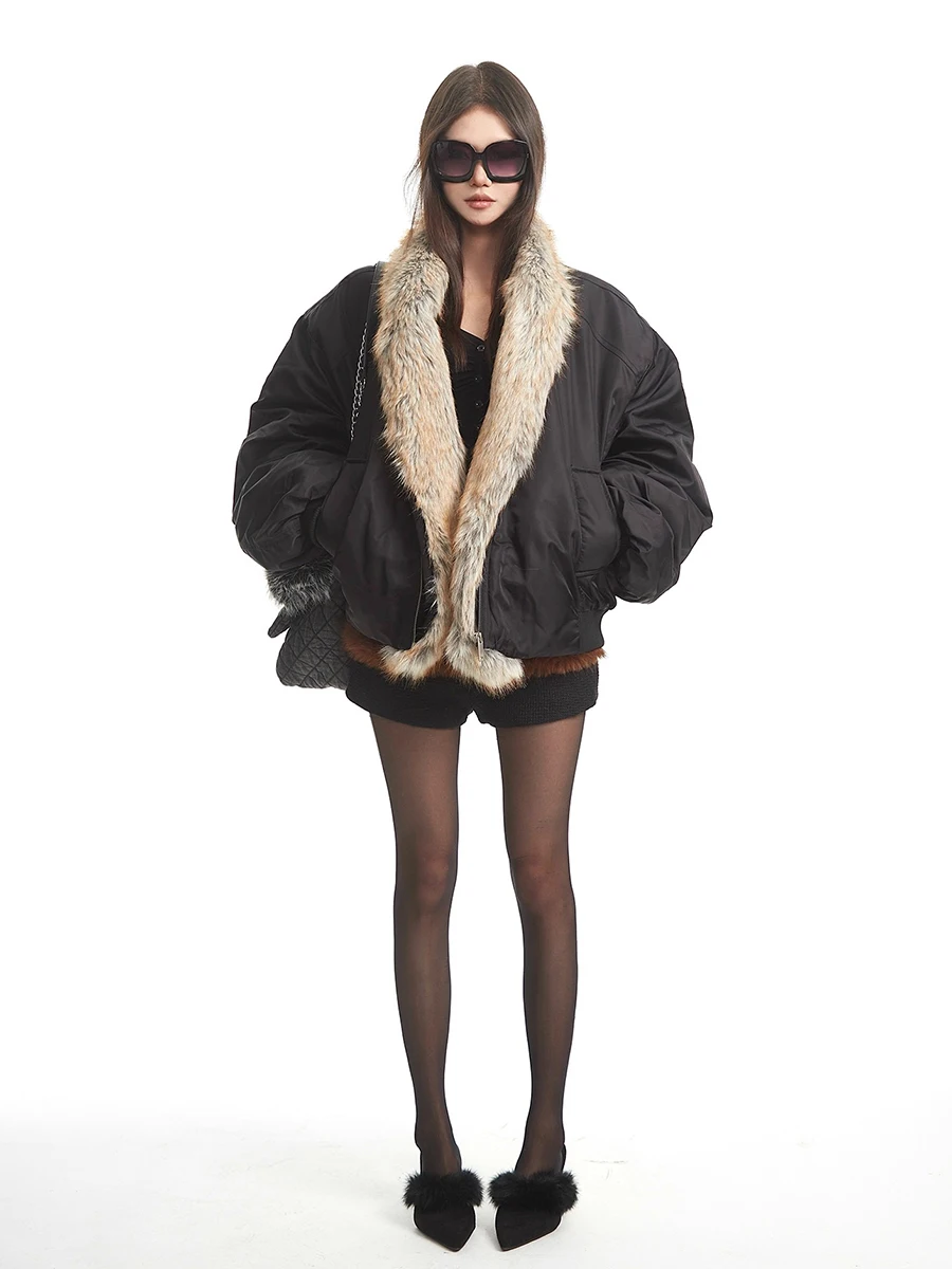 REDDACHiC 인조 모피 칼라 여성 봄버 재킷 열 보온 오픈 프론트 포켓 오버사이즈 바이커 모토 코트 빈티지 가을 겨울 아우터웨어