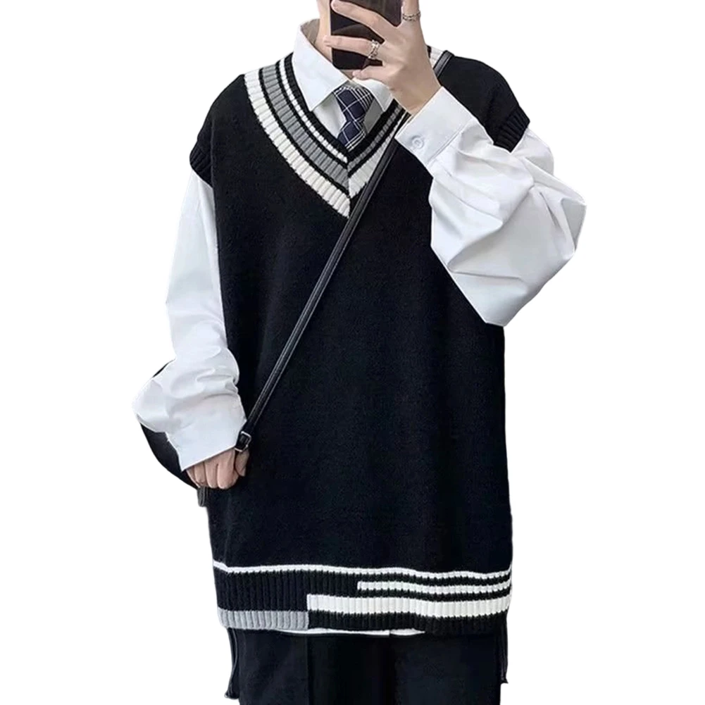 Men\'s Korean Style Vneck Knitted Vest Sweater Loose Fit Pullover Featuring Artistic Design for Streetwear and Casual Use