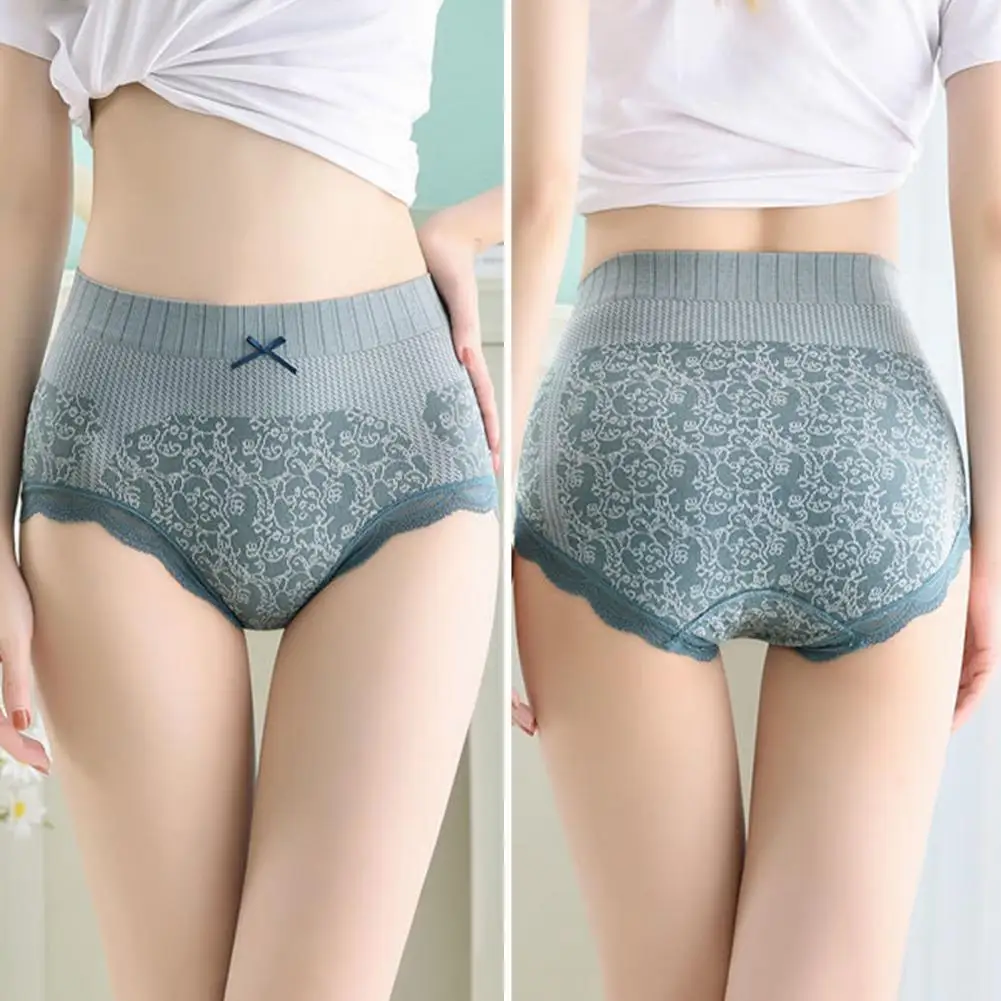 Stretchy Panties Floral Lace High Waist Tummy Control Panties for Women Postpartum Bow Decor Lady with Anti-septic Softness