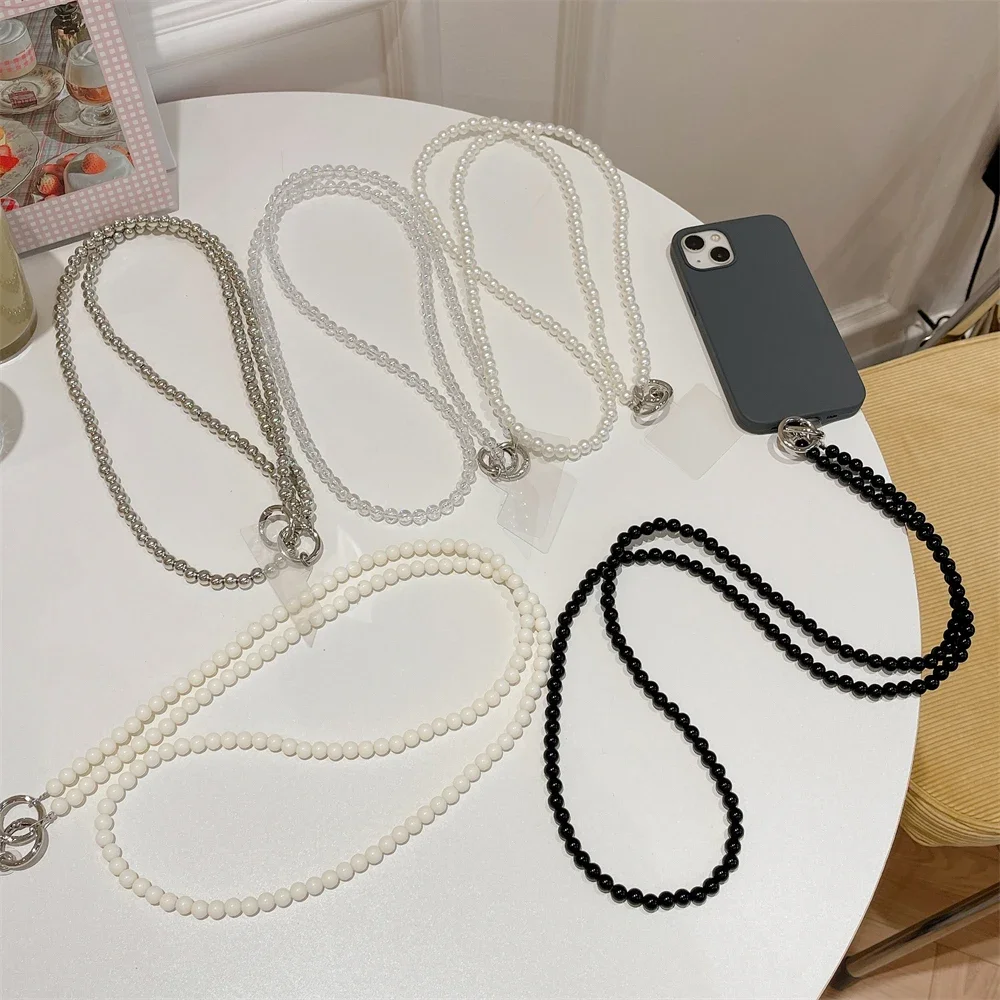 Glossy Pearl Key Strap Crossbody Lanyard Necklace Bracelet Keyring Purse Backpack Charm Crochet for IPhone Samsung Huawei XiaoMi