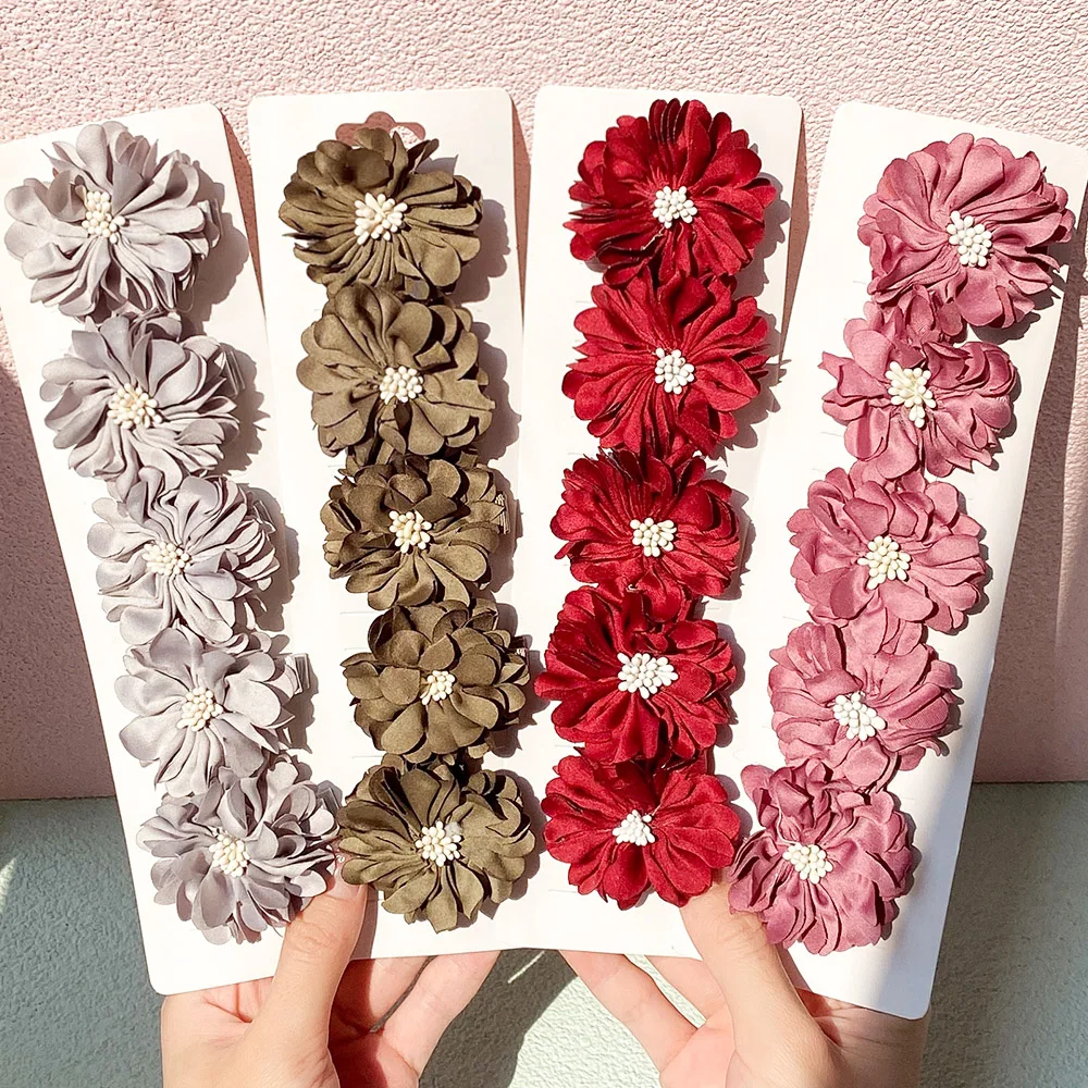 5Pcs Flower Hair Clips for Girl Sweet Chiffon Fabric Safety Hairpins Boutique Simulation Flower Headwear Kids Hair Accessories