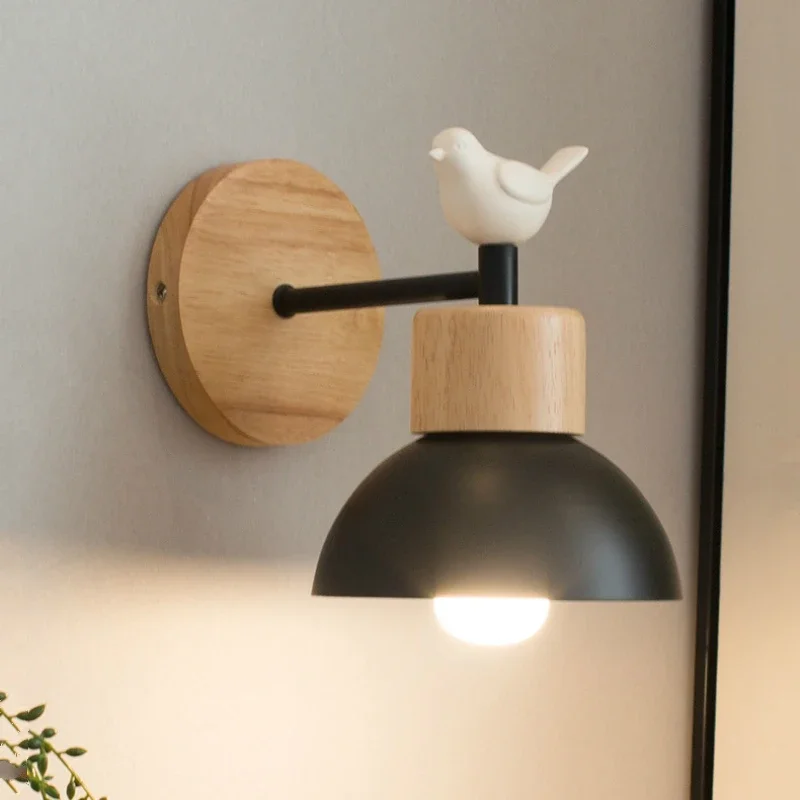 Solid Wood Bedside Wall Light Modern Simple Guest Room Balcony Staircase E27 Light Nordic Creative Bird Decorative Light