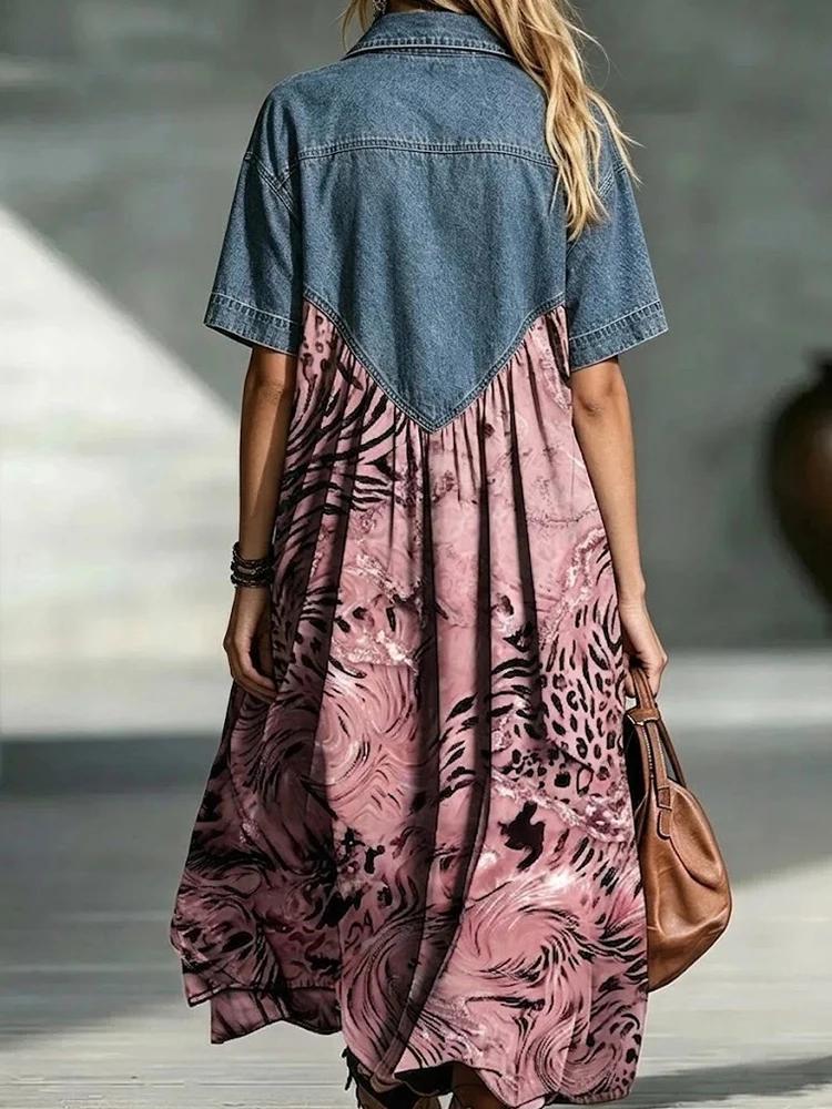Women's Summer Vintage Print Patchwork Maxi Dress Turn-Down Collar Short Sleeve Elegant Holiday Chic Party Dress Streetwear 2026