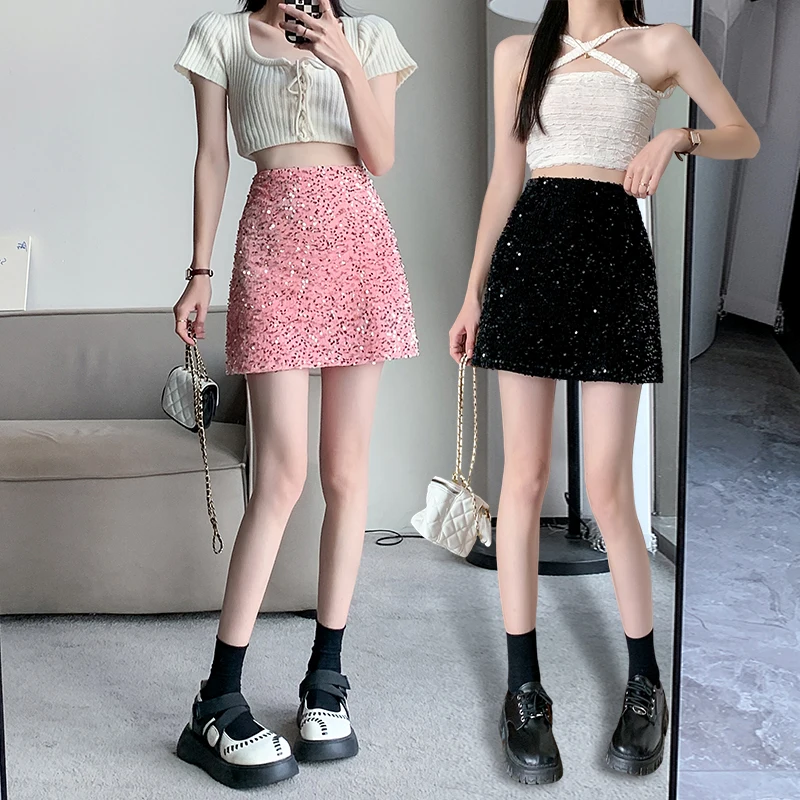 

Fashion Girls Mini Skirt Sequins Elastic High Waist Summer Spring Design Women Skirts