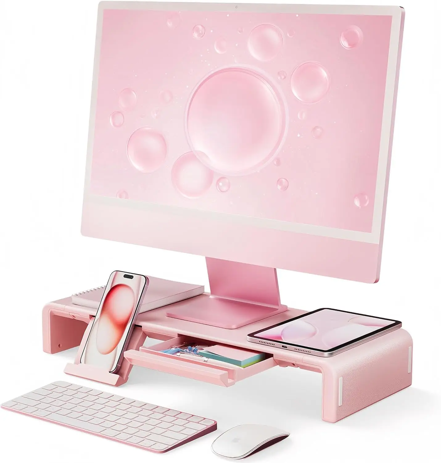 

Pink Foldable Monitor Stand with Adjustable Height, Storage Drawer & Tablet Holder for Laptop/Desktop