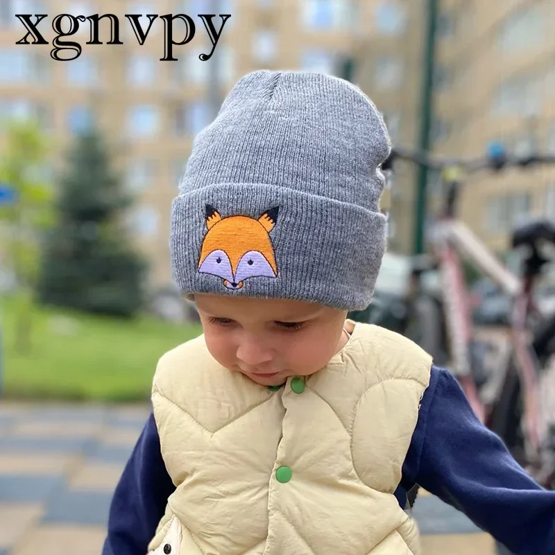 xgnvpy New Autumn and Winter Children's Woolen Hat Cartoon Girl Knitted Pullover Hat Baby Rolled Edge Ear Warm Hat