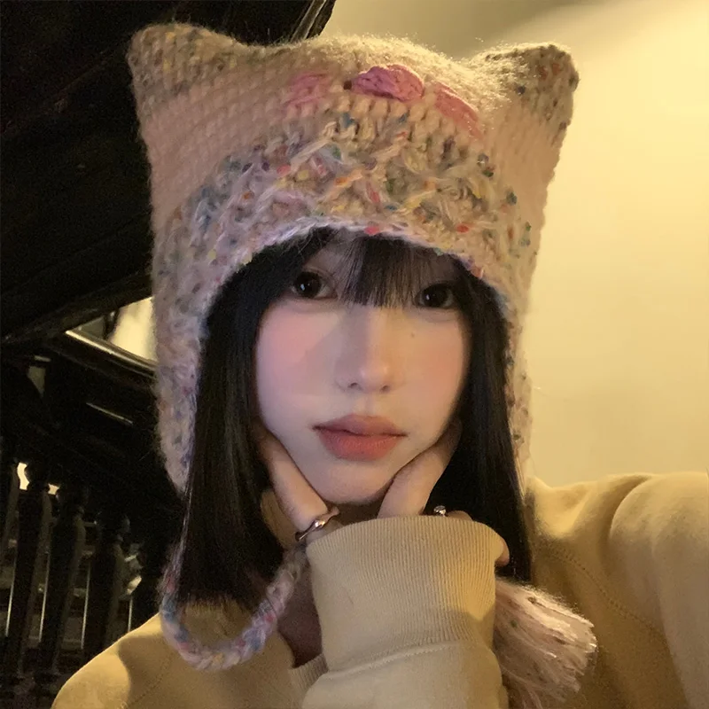 Yabi Sle Cute Pink Cat Hat Women Autumn and Winter Warm Woven Woolen Cap Make Your Face Look Smaller Earmuff Hat Fashion