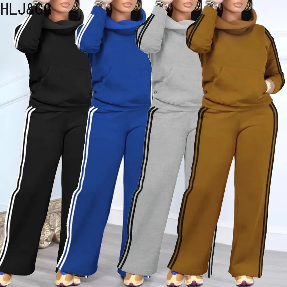 

HLJ&GG Casual Stripe Hooded Two Piece Set Women Turtleneck Long Sleeve Sweatshirts And Pants Tracksuit Female Sporty 2pcs Outfit