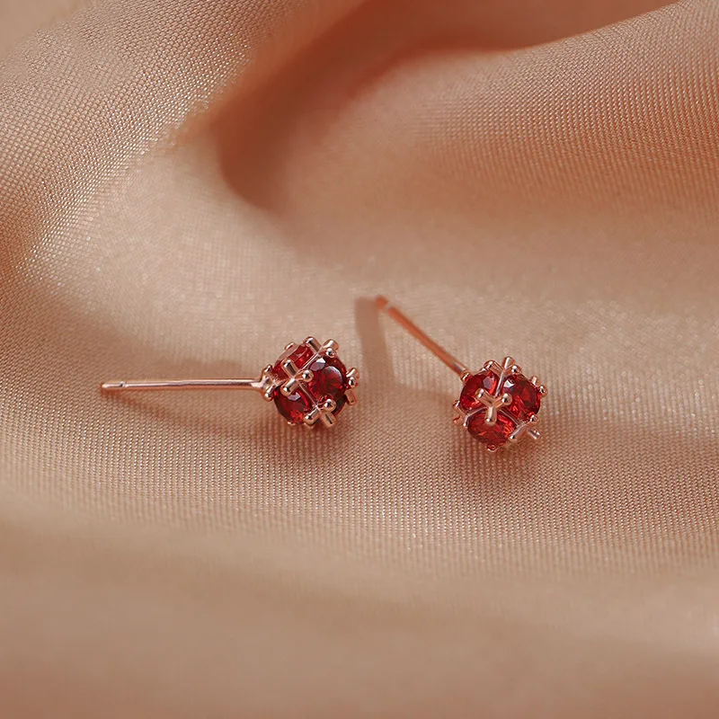 VOQ Silver Color Vintage Shiny Red Zircon Pierced Stud Earrings for Women Simple Chic Teen Daily Jewelry Earrings