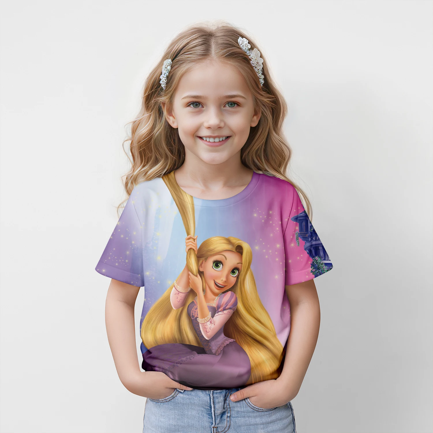 MINISO Disney Princess Rapunzel 2024 Summer 4-14 Years Children Kids Cool Boy Cute Girls Lightweight 3D Print T-Shirt Tops