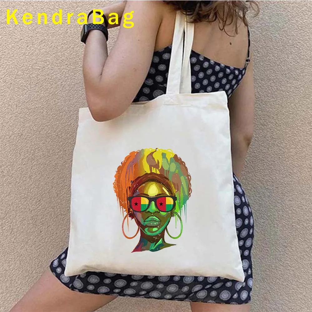 Arms of Guinea Bissau Flag Map Emblem Guinean Girl Love Heart Women Canvas Shoulder Totes Bag Harajuku Shopper Reusable Handbags