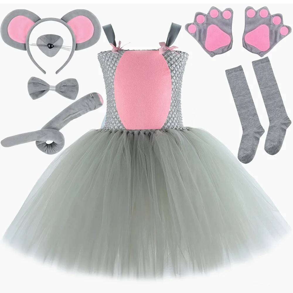 

Новинка 2025 года, костюм на Хэллоуин для девочек, платье-пачка с изображением мыши, серое нарядное платье для косплея, детское платье-пачка принцессы для косплея