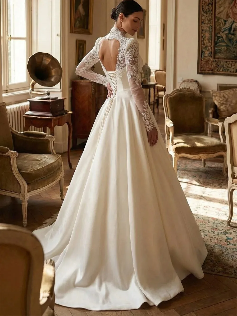 Charming Wedding Dress Robe De Mariee Customzied V Neck Long Sleeves Open Back Lace Applique Corset Bridal Gown for Bride