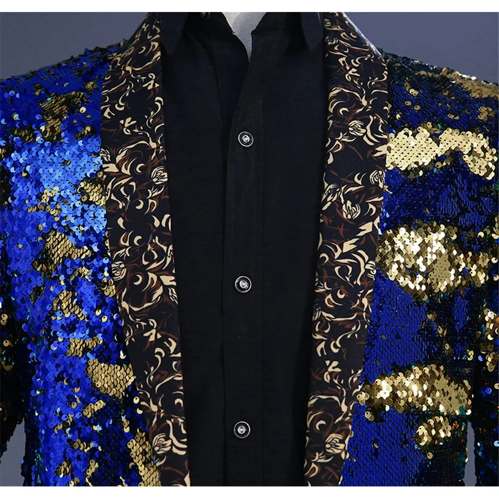 Blazer con paillettes blu Royal e oro giacca da uomo con colletto a scialle mostra Nightclub Bar DJ Singer Host Stage Wear