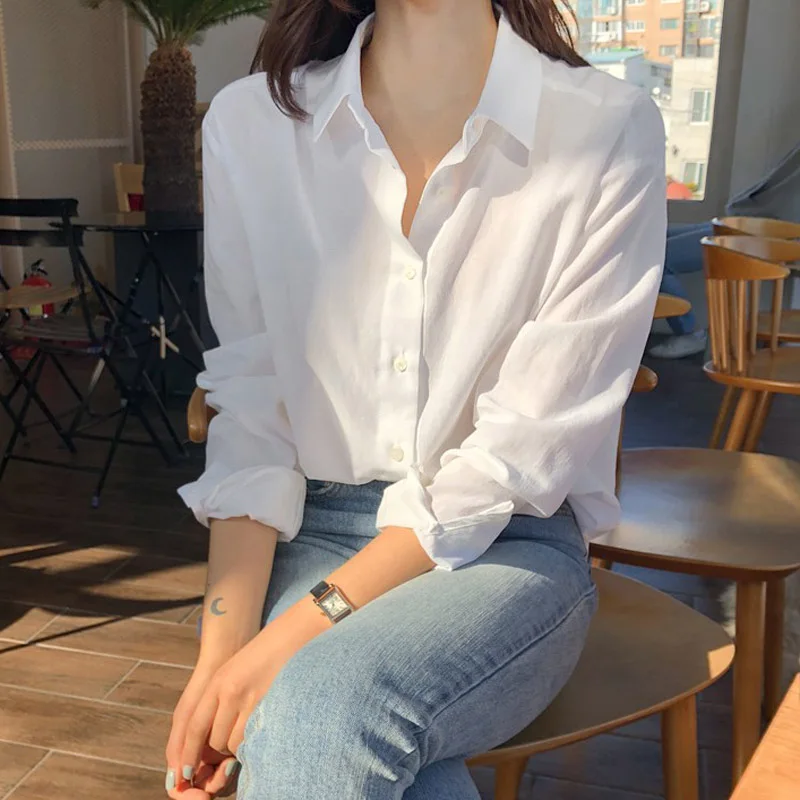 

Casual White Long Sleeve Neck Shirt Women's Loose Fit Basic Versatile Korean Style Commute Wind Straight Tube Top