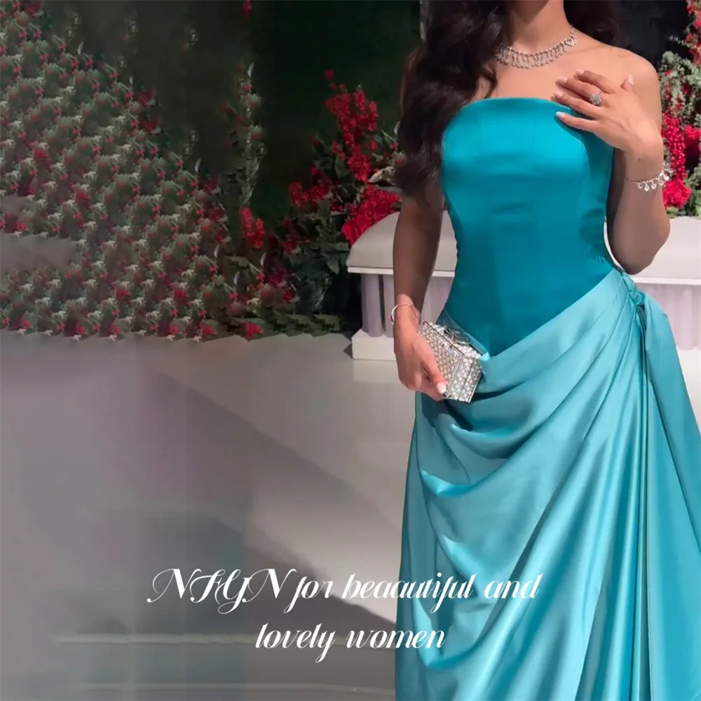 NFYN Teal Satin Party Dresses Strapless Sleeveless Evening Dresses A Line Prom Gown Pleated فساتين سهره Minimalist Customized image 4