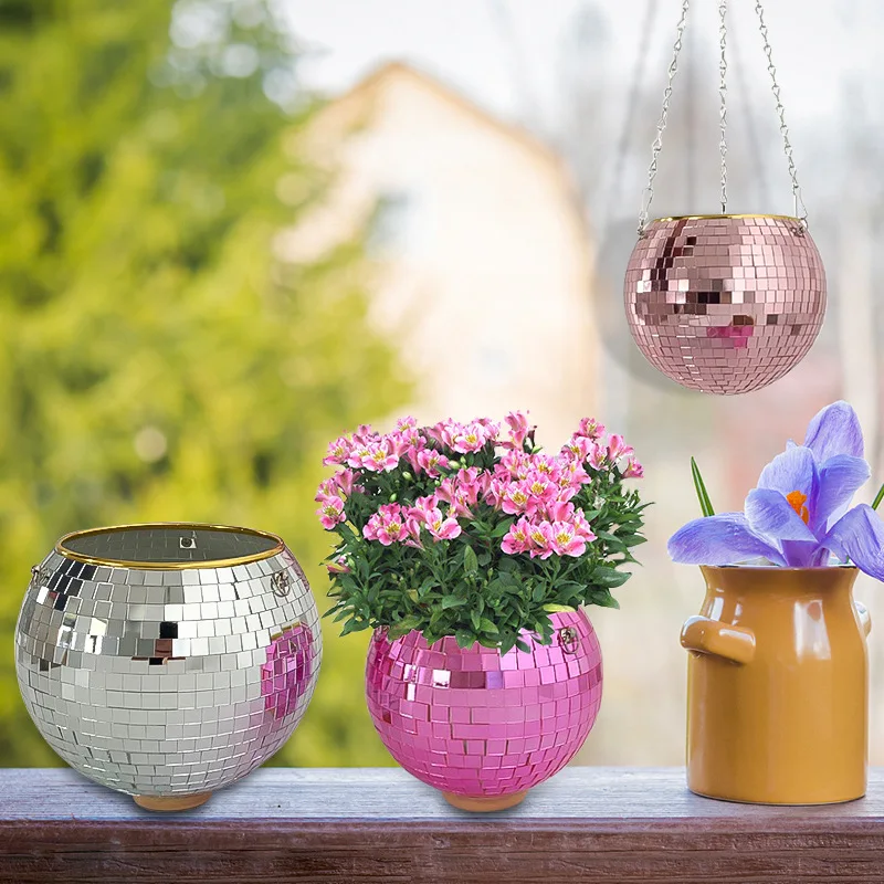 1PC Disco Ball Creative Round Flowerpot Hanging Basket Plastic Glass Mirror Plant Planting