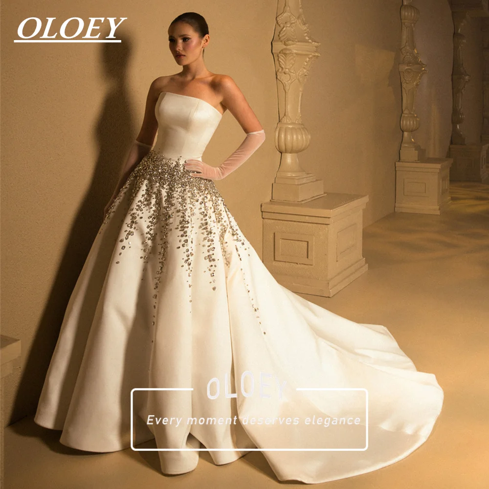 OLOEY Luxury White Mikado Satin Wedding Dress With Hand Sewning Crystals Strapless A Line Bridal Gown Robe De Mariage Customized