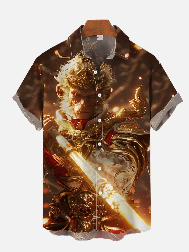 Black Mythical Monkey King Printed Short Sleeve T-shirt National Trend Journey to the West Cool Loose Men's Shirt Top