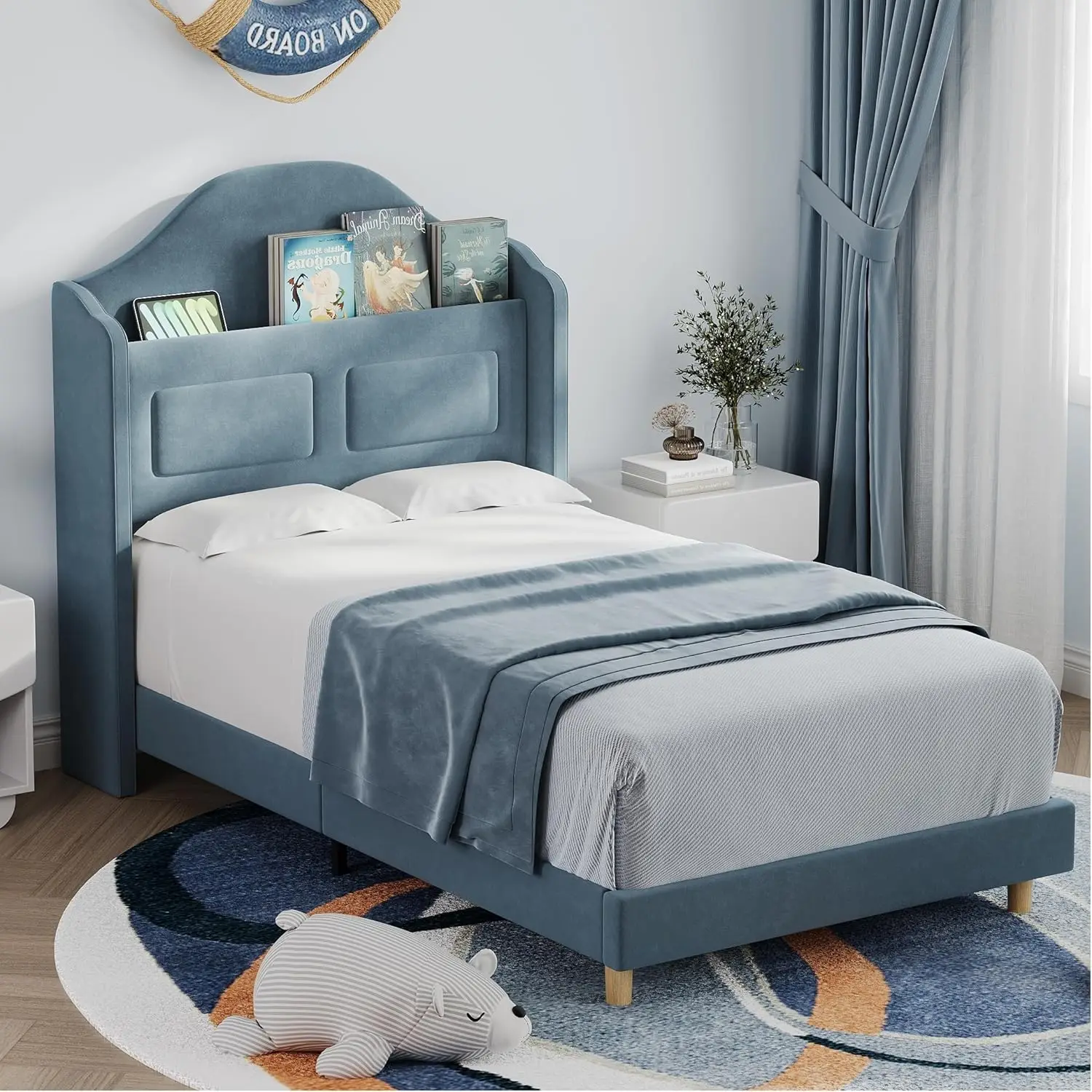 

Кровать-платформа GarveeHome Twin для детей, с обивкой из бархата, для мальчиков/девочек, с изголовьем-спинкой и местом для хранения, с книжным шкафом и L-образным изголовьем