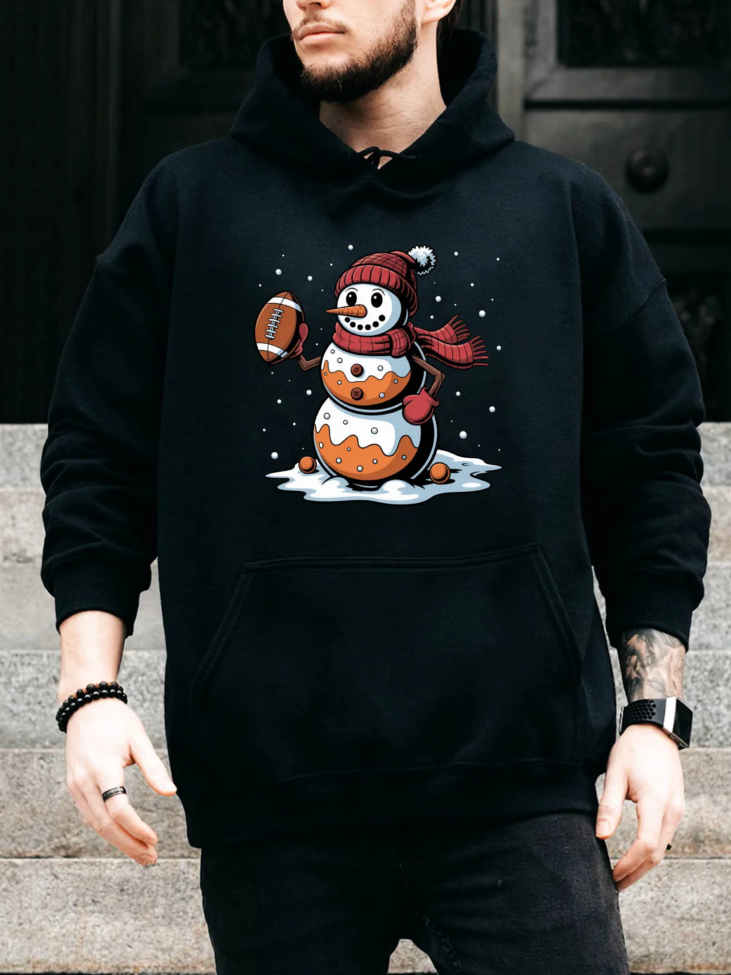 

Snowman Holding a Football Men's Drawstring Hoodie - Casual Comfortable Black Pullover, Fall & Winter Hooded Sweatshirt