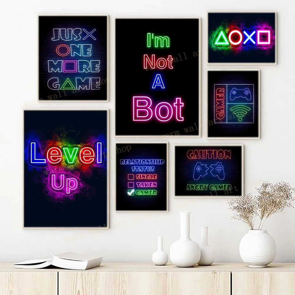 Eat Sleep Game Repeat Neon Poster and Prints Gamer Canvas Art Paintings Gamepad Wall Art Picture for Playroom Home Decoration