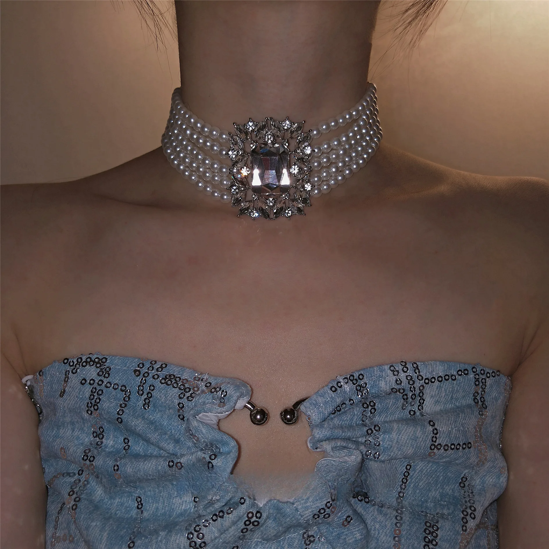 2 Pcs Rhinestones Square Leaf Multi-layer Necklaces Set