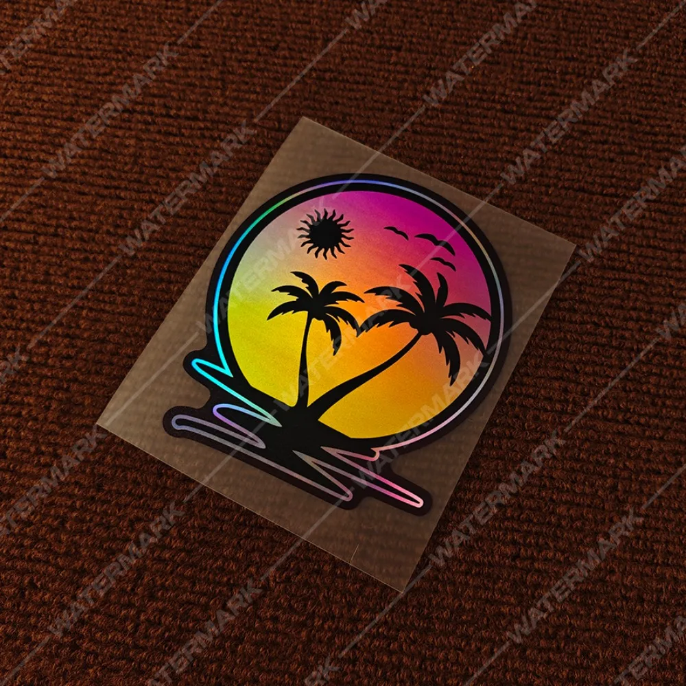 1 Piece of solar tropical palm tree beach vinyl sticker, sunset ocean scene, car decal, electric vehicle decoration
