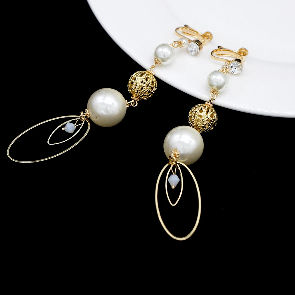 

Gold Plated Ear Clips For Women Non Piercing Pearl Bead Chain Long Drop Earrings Oval Ring Pendant Ear Cuff Jewelry Gift