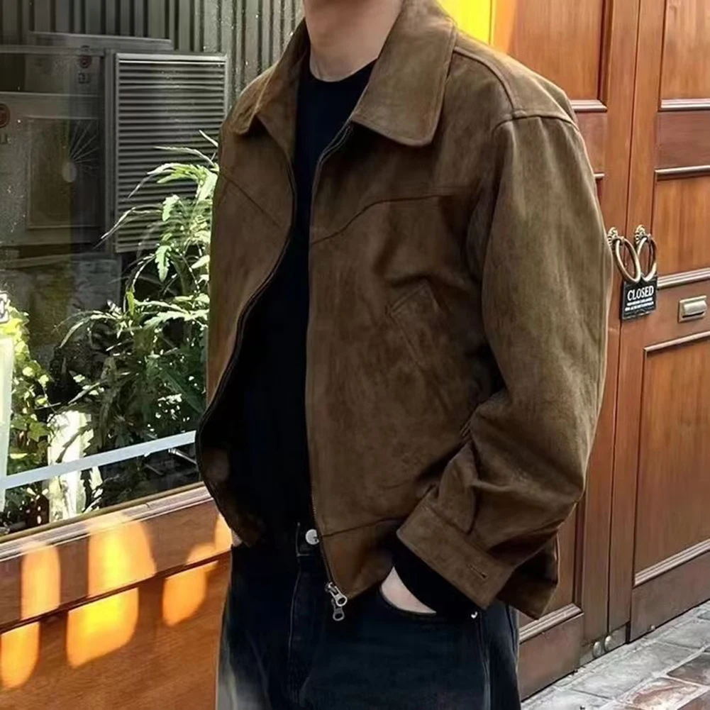Cropped Lapel Coat Men Suede Jacket Vacation Style Slight Stretch Fabric Solid Color Style Vacation Wear Holiday Attire