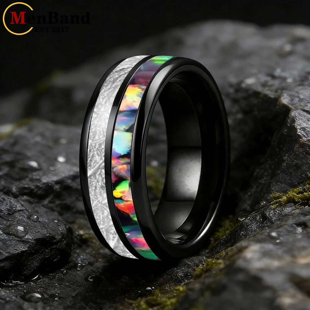 MenBand moda 6MM 8MM ópalo de colores y incrustaciones de meteorito blanco anillos de boda de tungsteno bandas anillo de aniversario regalos de joyería