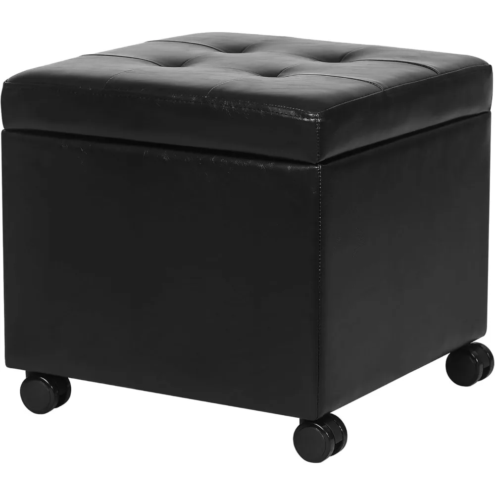 

Кожаный пуфик для хранения вещей с рулевыми колесами, небольшой квадратный табурет с подставкой для ног 17,9, тафтинговая кубическая подставка для ног