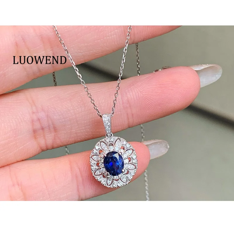 

LUOWEND 100% ожерелье из белого золота 18 карат, женское ожерелье в романтической форме цветка с блестящими бриллиантами и натуральным сапфиром, высокие свадебные украшения