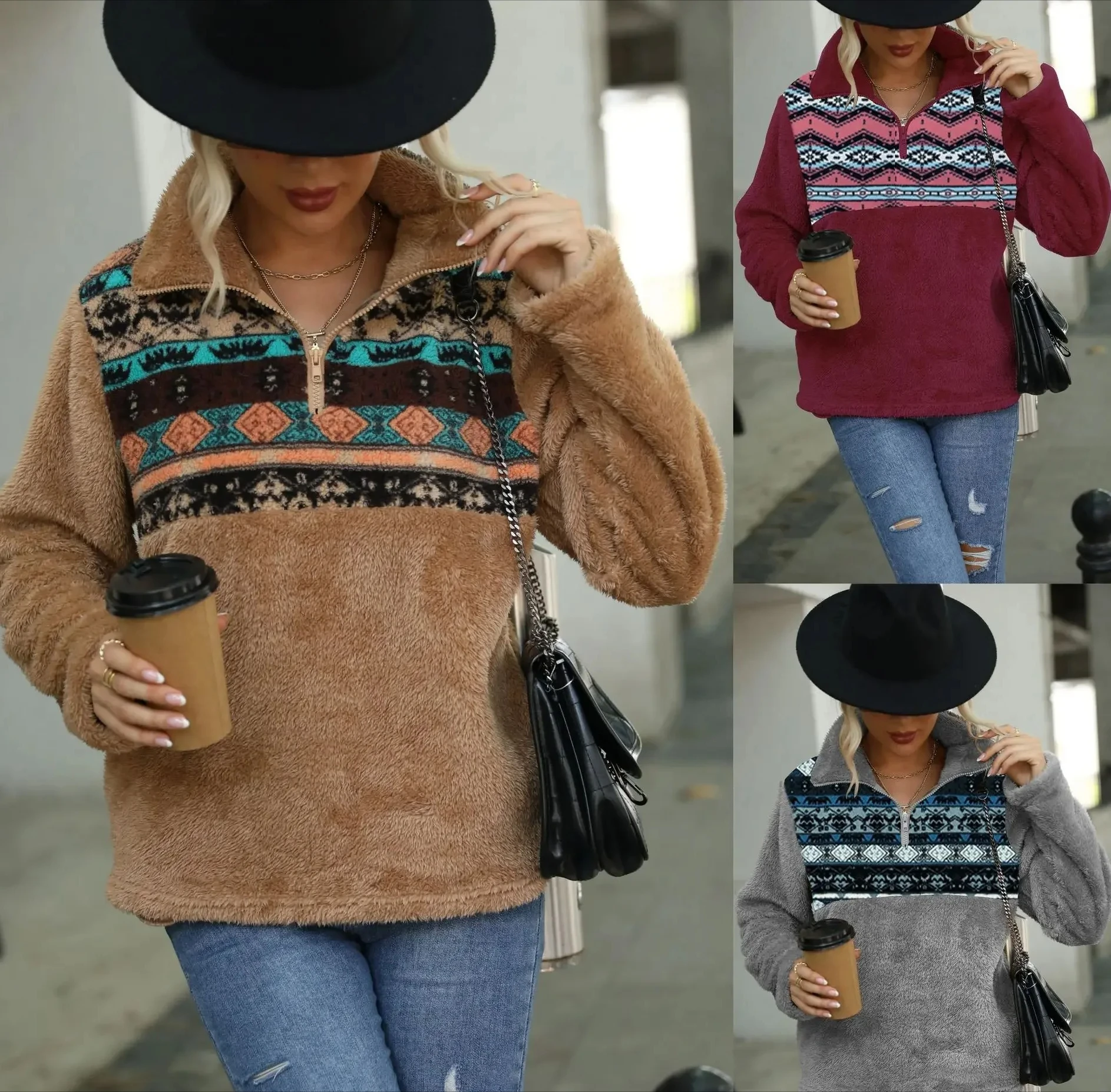 المرأة عبر الحدود الخريف/الشتاء الصوف كم فضفاضة تناسب البلوز الطباعة الوقوف طوق جيب نصف الرمز البريدي البلوز