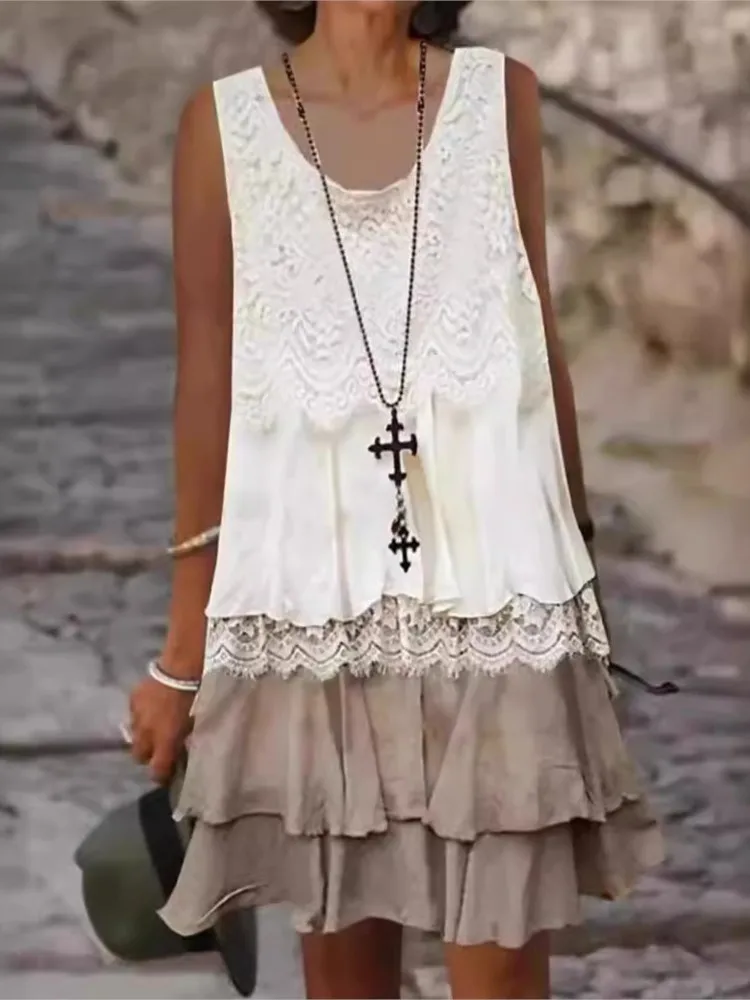 

Casual Patchwork Dress Lady Fashion Sleeveless V Neck Pullover Lace Ruffles Dresses For Women Boho Holiday Womens Clothing New