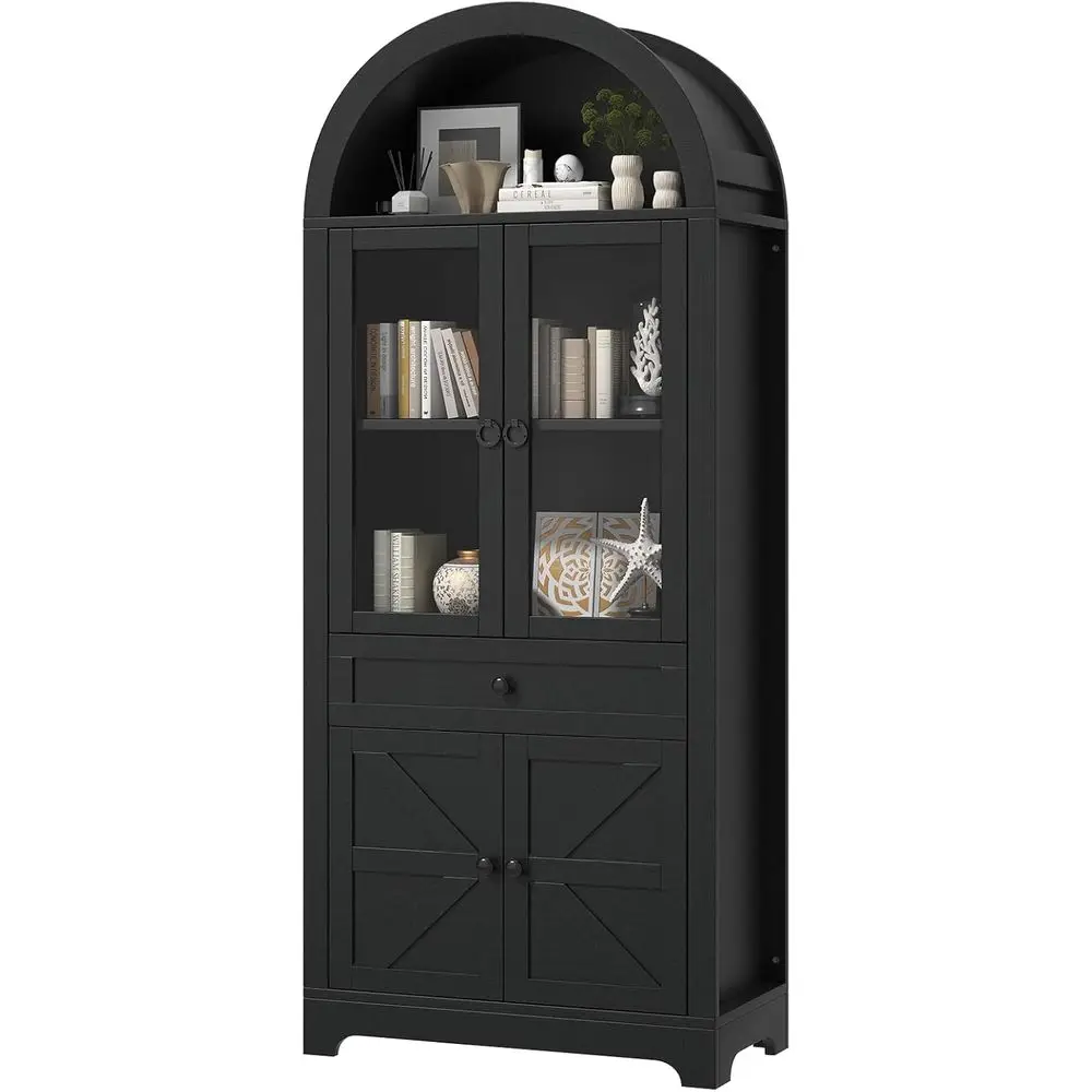 

71 Tall Arched Kitchen Pantry Cabinet with Glass Door, Barn Door Bookcase for Home, Living & Dining Rooms, Black