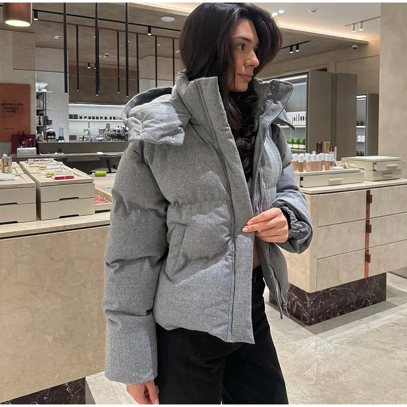 Hooded Stand Collar Fitted Puffer Coat Zip‑Up Oversized 2026 Winter Women Warm Padded Jacket Glam Causal Lady Cotton‑Padded Coat