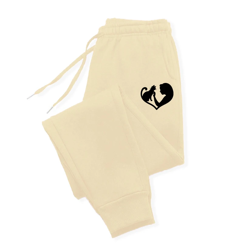 

Girl Caresses Cat Printed Joggers Fashion Autumn Sweatpants Pocket Warm Trousers Street Soft Women'S Pants