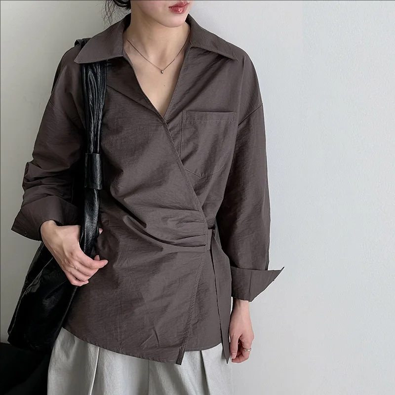 

Women's Asymmetric Cross Bandage Long Sleeve Shirt Casual Autumn Top 2025 New Fashion