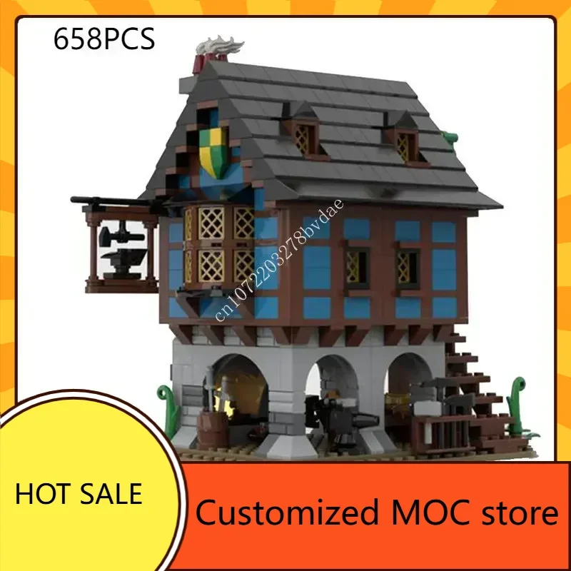 

Средневековый Alley Blacksmith Shop MOC, креативная архитектура, модель замка, строительные блоки, архитектура, сборная модель, игрушки, подарок