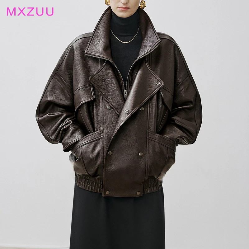 Brown Sheepskin Bubble Skin Coat Female Retro Double Layer Collar Double Breasted Zipper Loose Leather Jacket Winter Outerwear