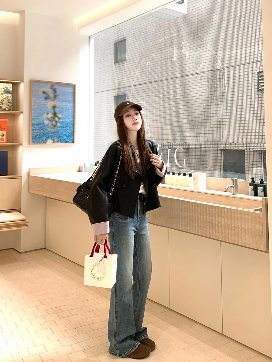 

YANUOYU женское кожаное байкерское пальто свободного покроя из искусственной кожи, длинное пальто из искусственной кожи с воротником-стойкой, обычная длина, весенняя мода