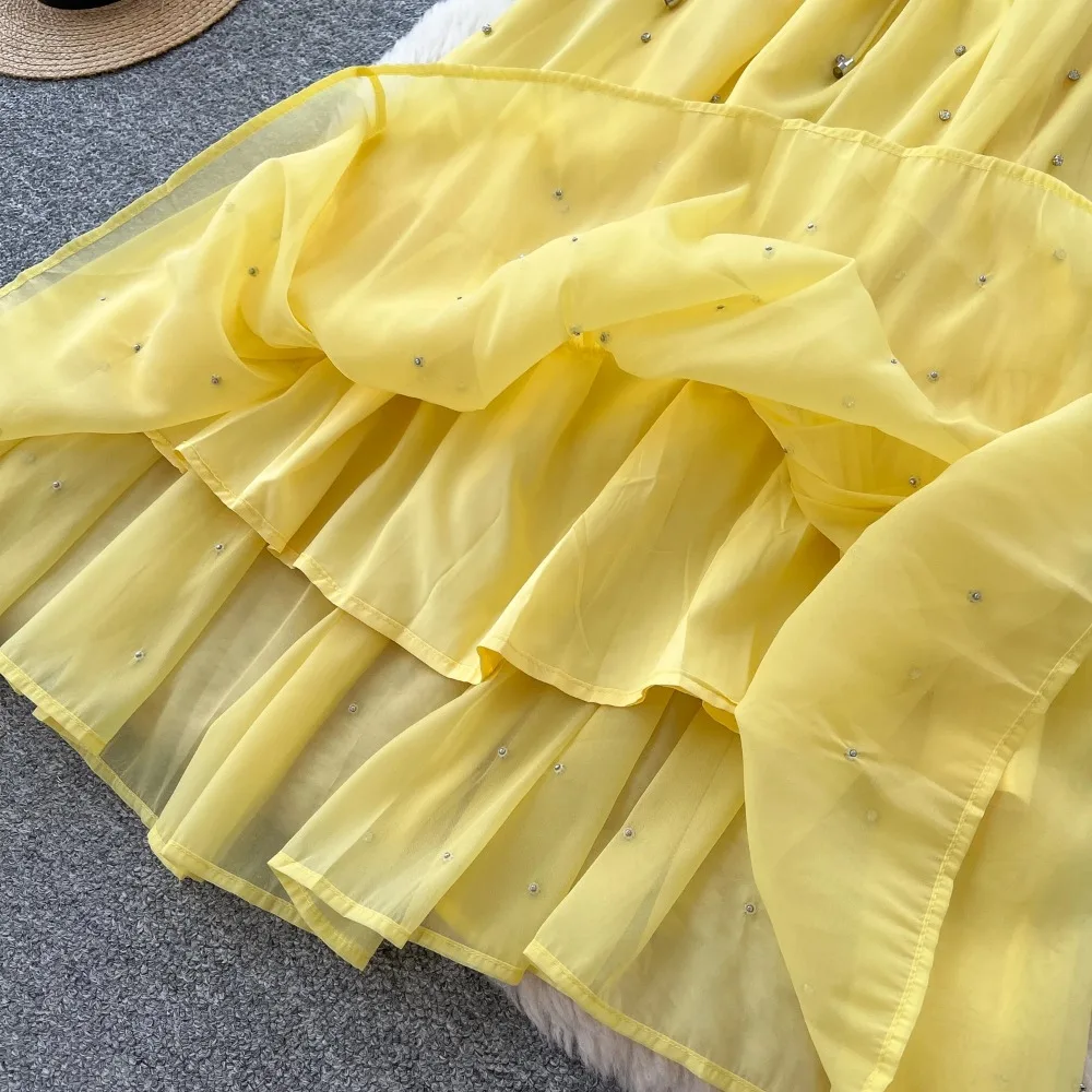 Chic vintage Sexy lantern sleeve rhinestone mesh Fairy Summer  Women Boho Sundress women clothing Long dress