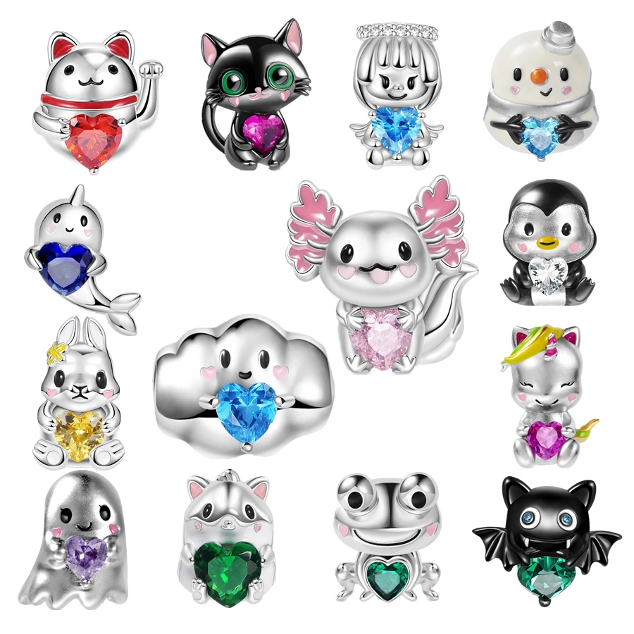 Abrazando la serie de diamantes dulce fantasma, nube bebé, muñeco de nieve, gato, mal de murciélago, cuentas aptas para pulsera de plata 925 Pan Original, joyería