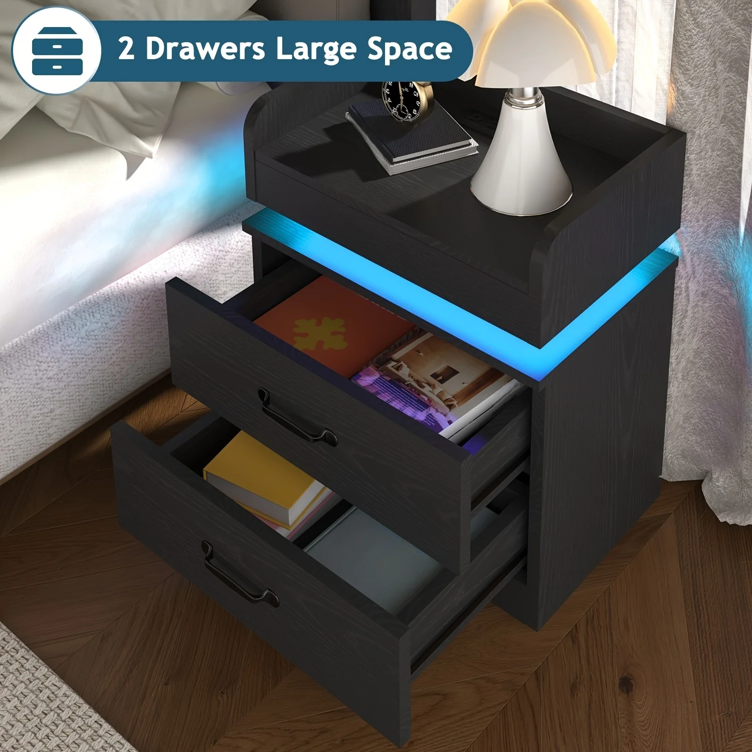 

1PC Black White LED Night Stand With Charging Station, 2 Drawers, LED Side Table For Bedroom & Living Room