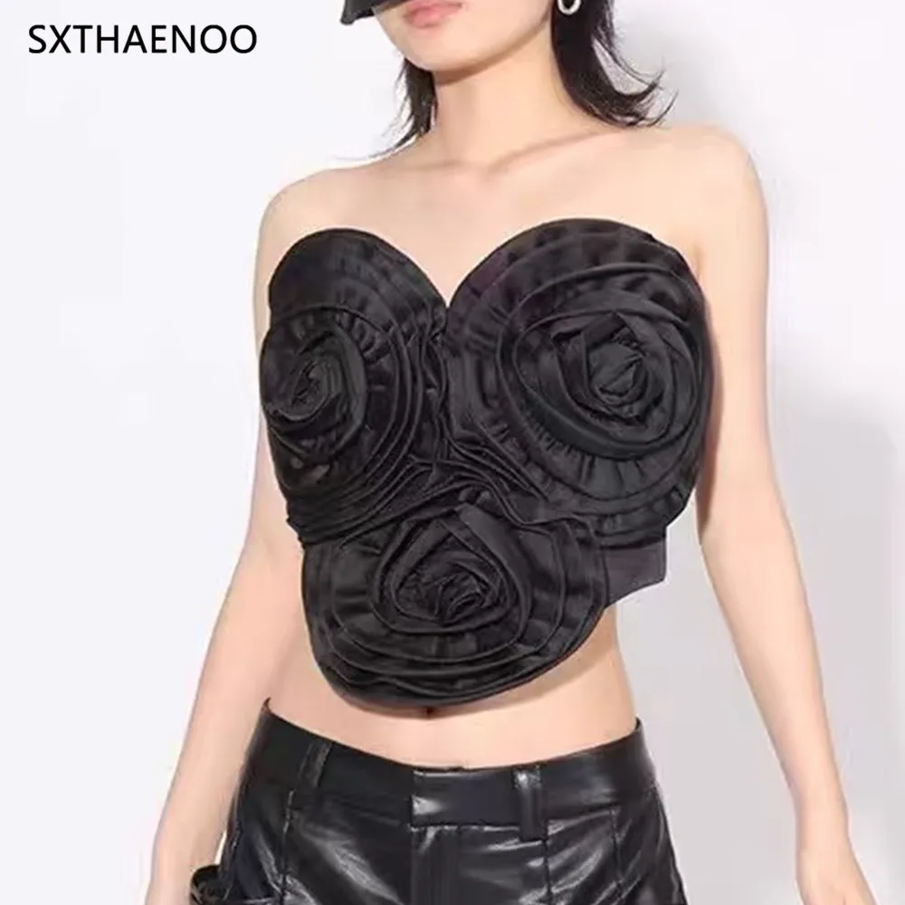 

SXTHAENOO Sexy Spicy Girl Top Summer 3D Flower Slimming Irregular Tube Bustier Women's Vest Sleeveless Polyester Blend Fabric