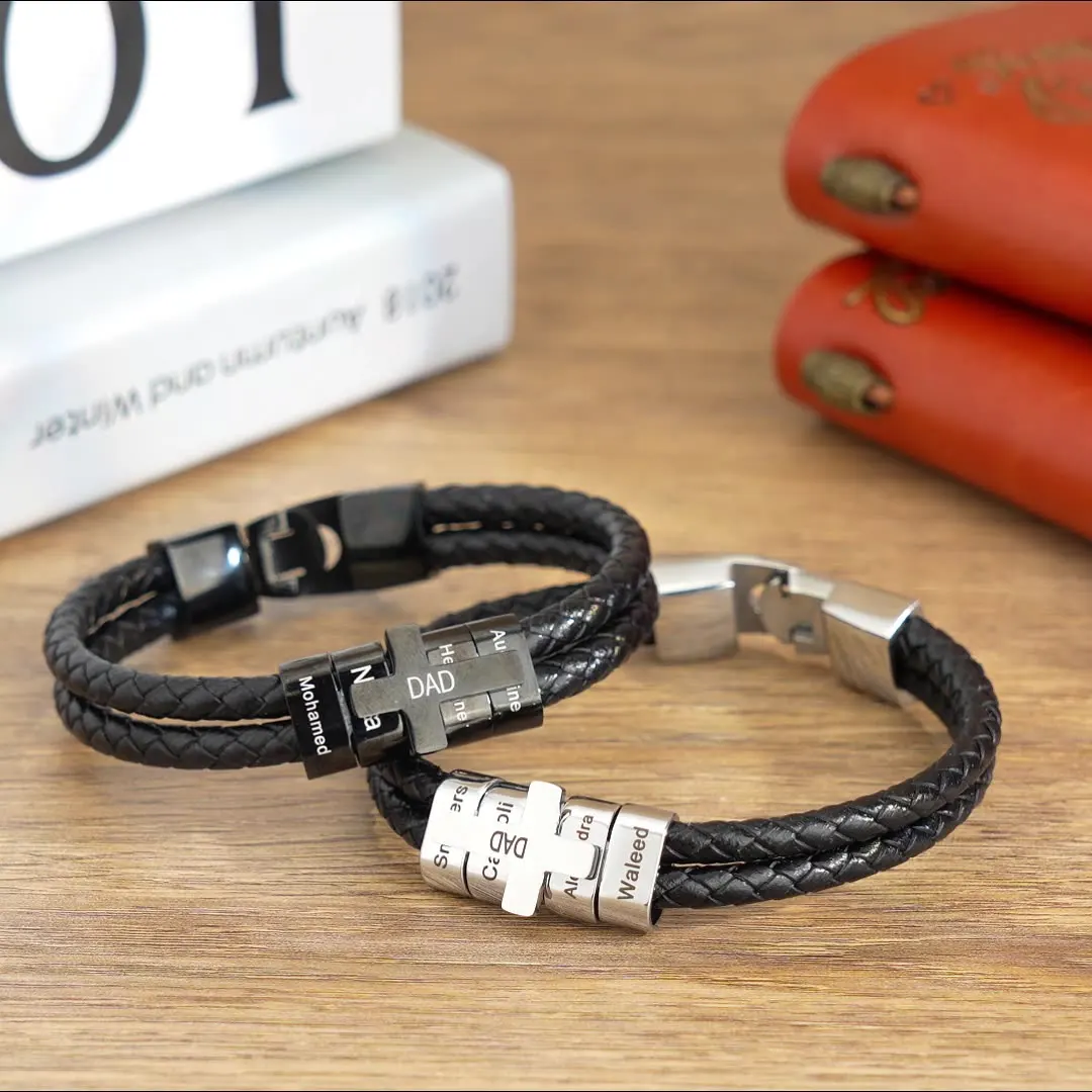 Custom Name Cross Leather Bracelet Personalized Multi Name Engraved Bracelet Jewelry Religious Themed Men's Bracelets Christmas