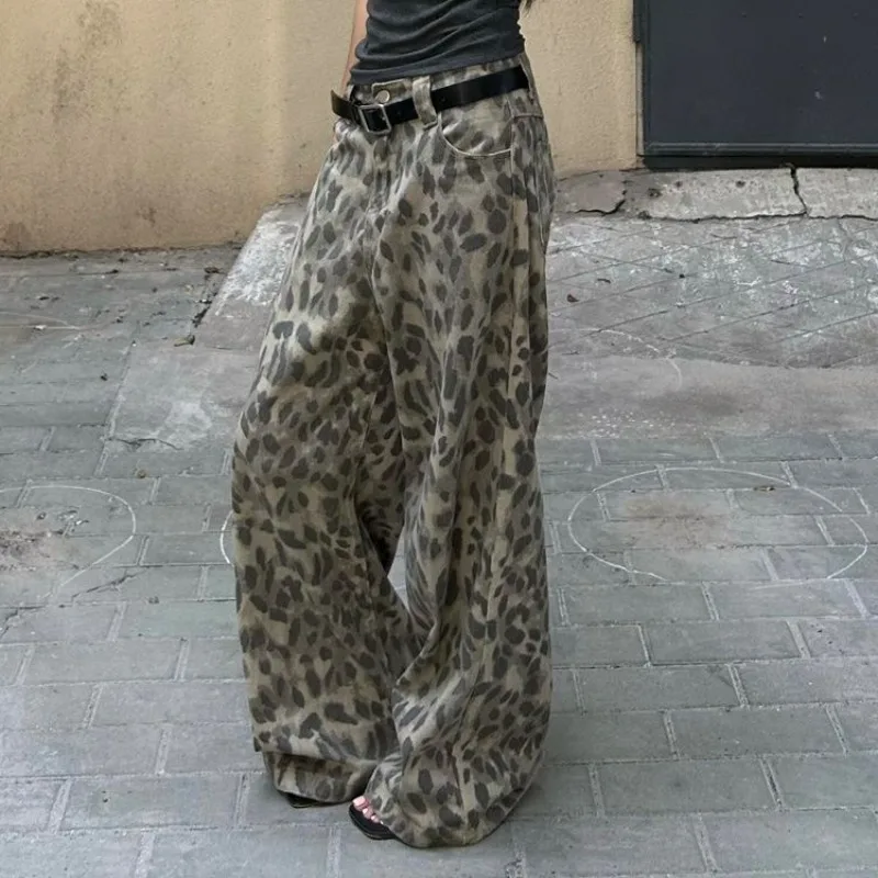 Deeptown Y2k Jeans leopardati lavati Donna Stampa animalier Pantaloni in denim a gamba larga vintage americani Pantaloni larghi streetwear Gyaru